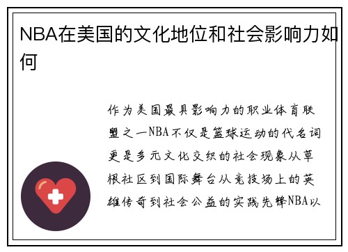NBA在美国的文化地位和社会影响力如何